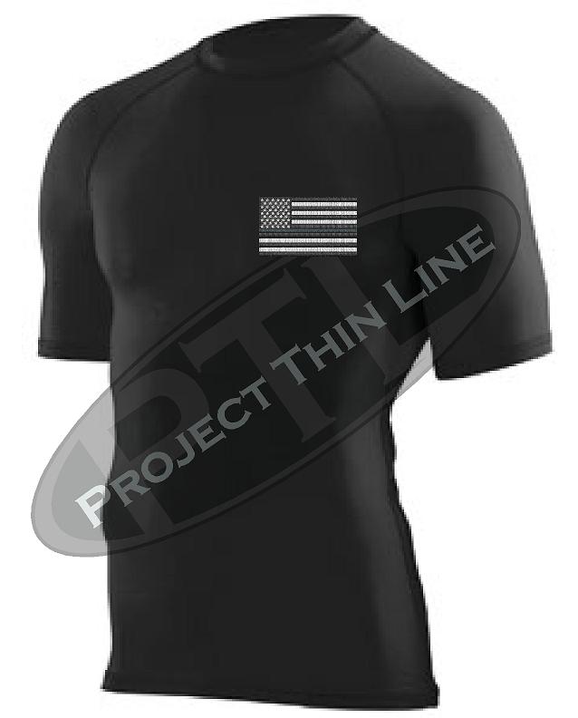 Black Embroidered Tactical Subdued American Flag Short Sleeve Compression Shirt