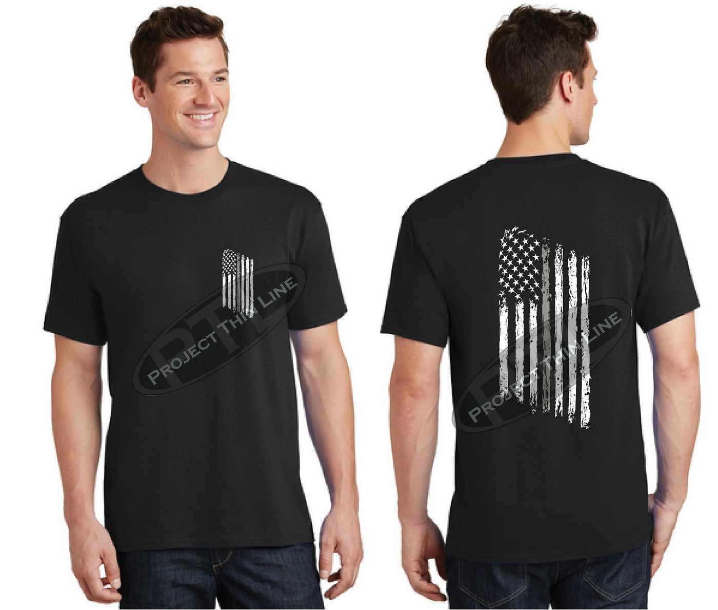 Thin SILVER Line Tattered American Flag Short Sleeve Shirt