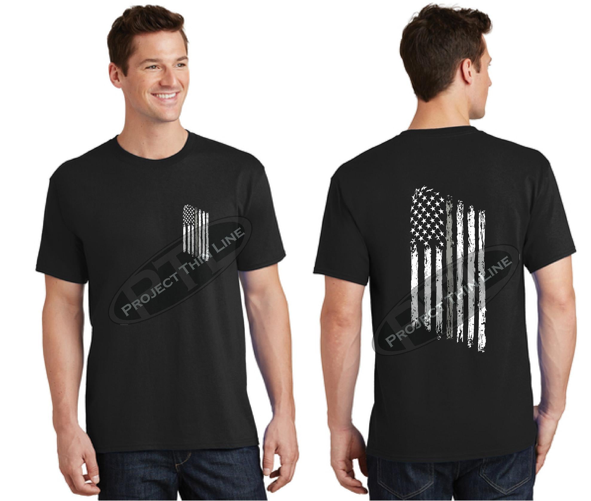 Black Thin SILVER Line Tattered American Flag Short Sleeve Shirt