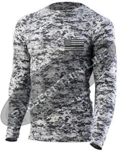 Digital Camo Embroidered Tactical Subdued American Flag Long Sleeve Compression Shirt