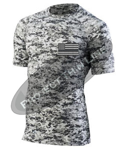 Digital Camo Thin Silver Line American Flag Short Sleeve Compression Shirt