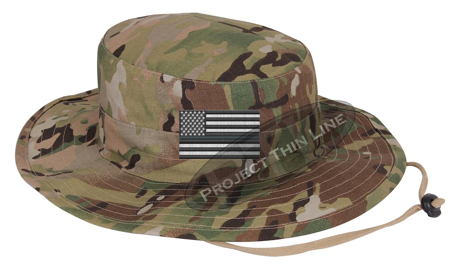 Embroidered Thin SILVER Line American Flag Boonie Adjustable Hat