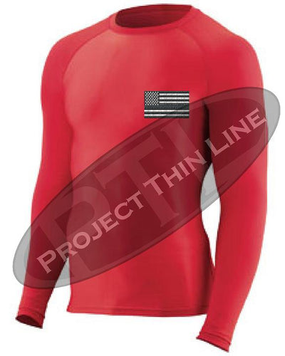 Red Embroidered Tactical Subdued American Flag Long Sleeve Compression Shirt