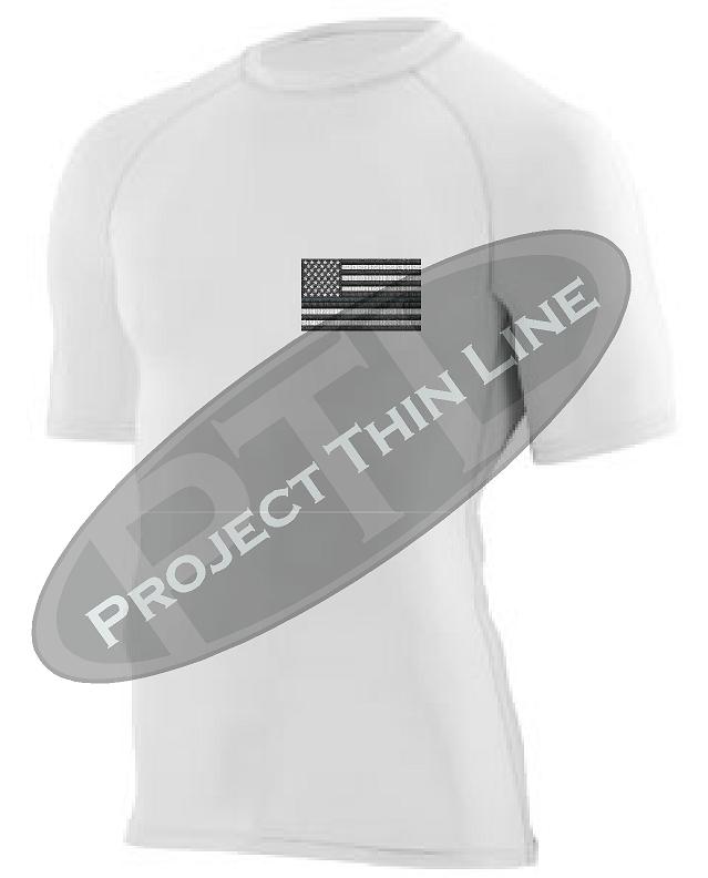 White Thin Silver Line American Flag Short Sleeve Compression Shirt