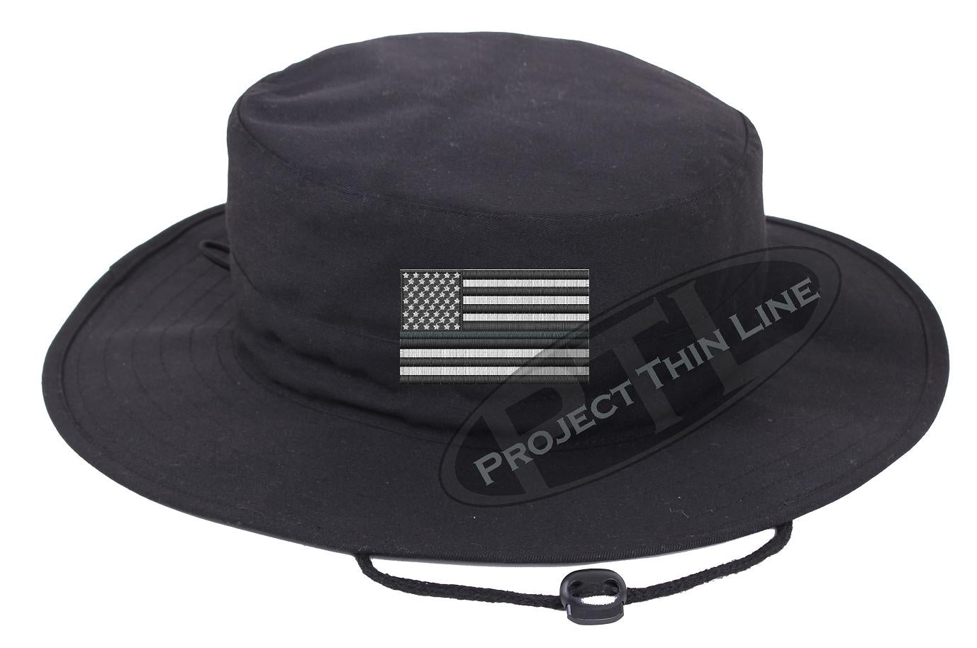 Embroidered Thin SILVER Line American Flag Boonie Adjustable Hat