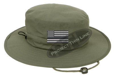 Embroidered Thin SILVER Line American Flag Boonie Adjustable Hat