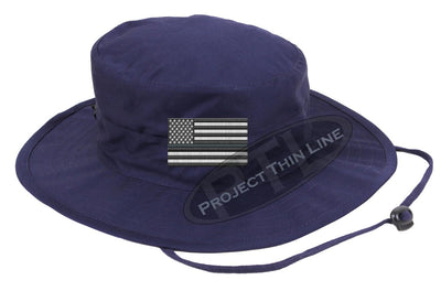 Embroidered Thin SILVER Line American Flag Boonie Adjustable Hat