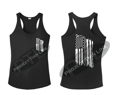 Black Tattered Thin SILVER Line American Flag Racerback Tank Top
