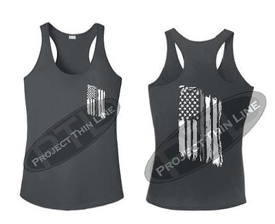 Charcoal Tattered Thin SILVER Line American Flag Racerback Tank Top