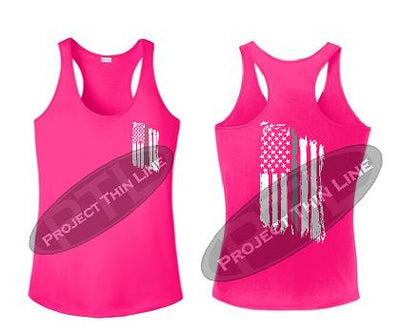 Pink Tattered Thin SILVER Line American Flag Racerback Tank Top