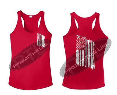 Red Tattered Thin SILVER Line American Flag Racerback Tank Top
