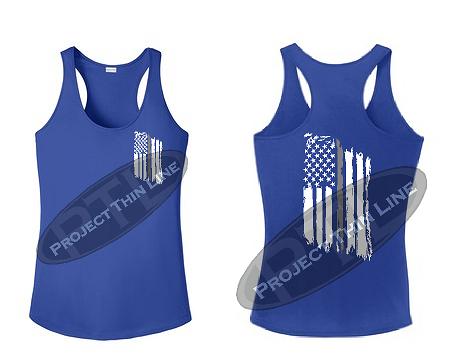 Royal Blue Tattered Thin SILVER Line American Flag Racerback Tank Top