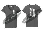 Charcoal Women's Thin SILVER Line Tattered American Flag V Neck Cap Short Sleeve Shirt