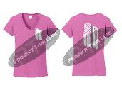 Pink Women's Thin SILVER Line Tattered American Flag V Neck Cap Short Sleeve Shirt
