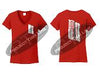 Red Women's Thin SILVER Line Tattered American Flag V Neck Cap Short Sleeve Shirt