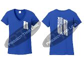 Royal Blue Women's Thin SILVER Line Tattered American Flag V Neck Cap Short Sleeve Shirt