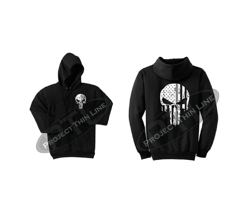 Black Thin SILVER Line Punisher Skull inlayed with the Tattered American Flag Hooded Sweatshirt