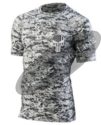 Digital Camo Embroidered Tactical Punisher Skull inlayed Subdued American Flag Short Sleeve Compression Shirt