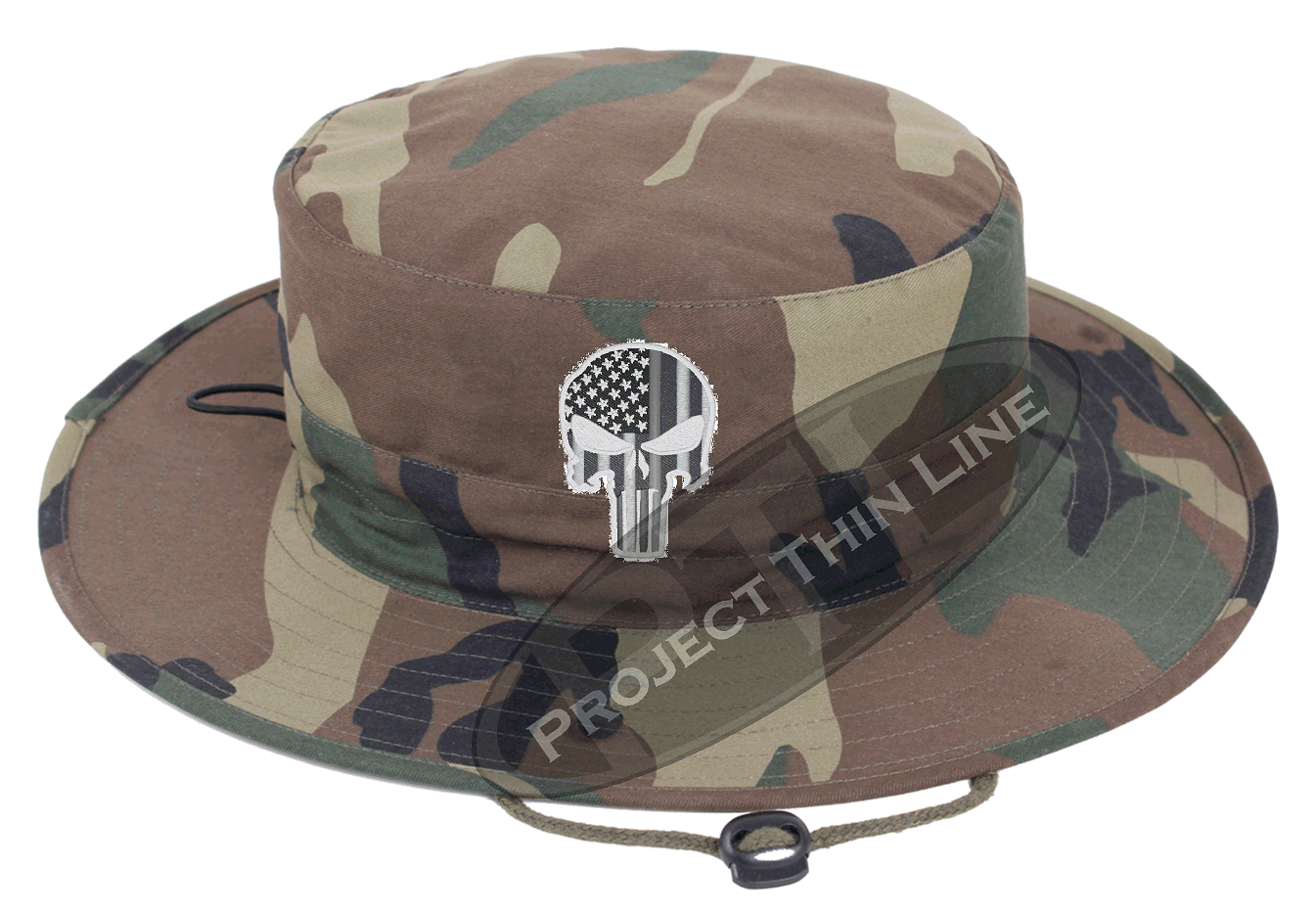 Camouflage  Boonie Hat with embroidered Subdued Thin SILVER Line Punisher