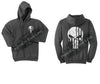 Charcoal Thin SILVER Line Punisher Skull inlayed with the Tattered American Flag Hooded Sweatshirt