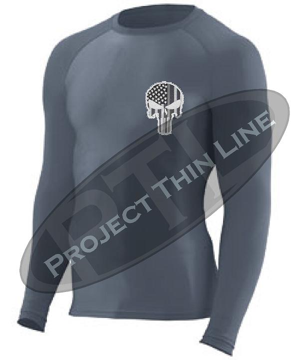 Charcoal Embroidered Tactical Punisher Skull inlayed American Flag Long Sleeve Compression Shirt