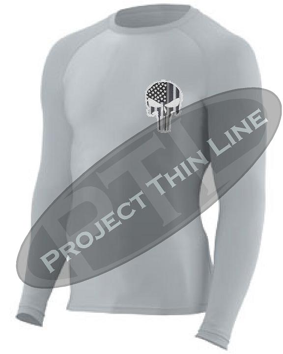 Light Grey Embroidered Tactical Punisher Skull inlayed American Flag Long Sleeve Compression Shirt