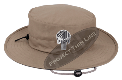 Khaki Boonie Hat with embroidered Subdued Thin SILVER Line Punisher