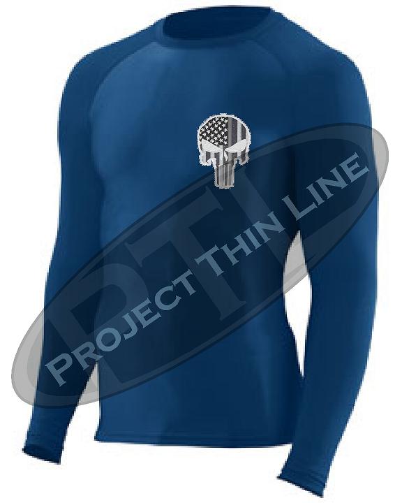 Navy Embroidered Thin SILVER Line Punisher Skull inlayed American Flag Long Sleeve Compression Shirt