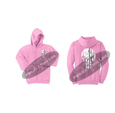 Pink Thin SILVER Line Punisher Skull inlayed with the Tattered American Flag Hooded Sweatshirt