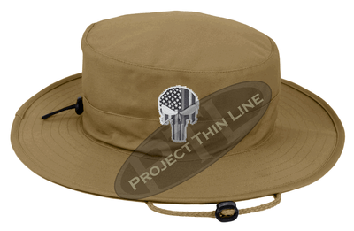 Tan  Boonie Hat with embroidered Subdued Thin SILVER Line Punisher