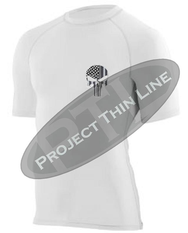 White Embroidered Thin SILVER Line Punisher Skull inlayed American Flag Short Sleeve Compression Shirt