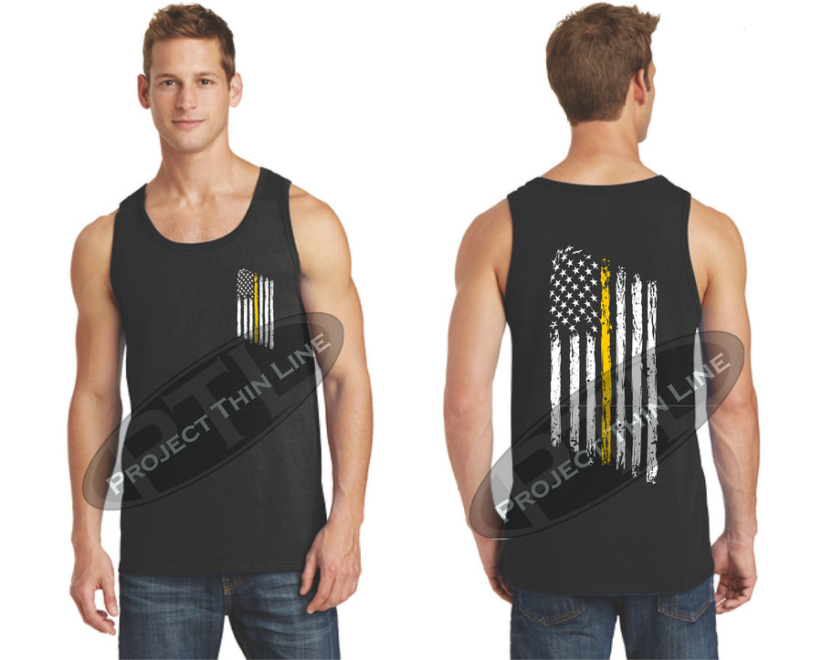 Black Thin Yellow Line Tattered American Flag Tank Top