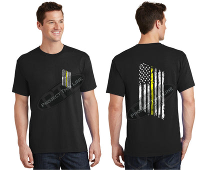 Black Thin Yellow Line Tattered American Flag Short Sleeve Shirt