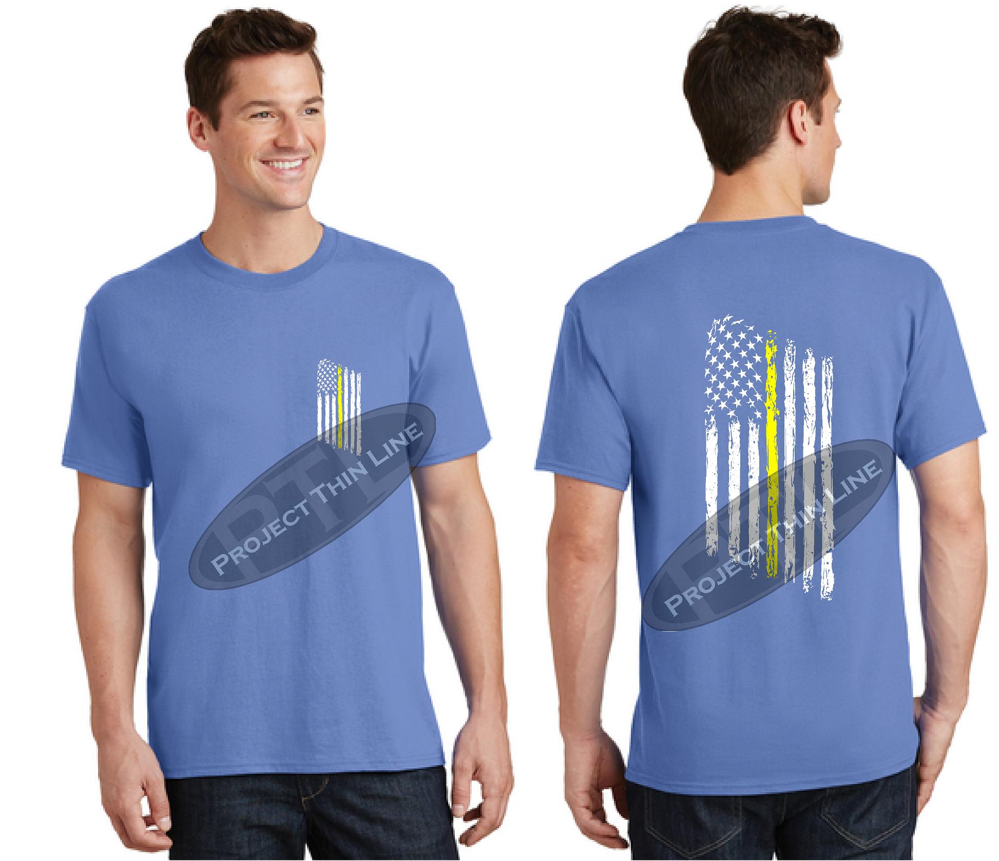 Carolina Blue Thin Yellow Line Tattered American Flag Short Sleeve Shirt