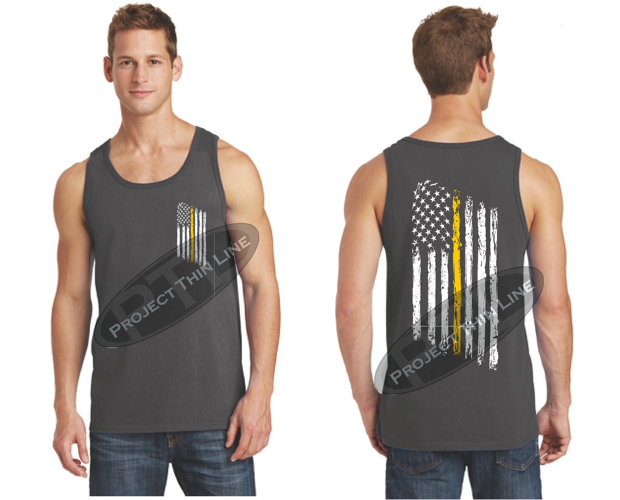 Charcoal Thin Yellow Line Tattered American Flag Tank Top