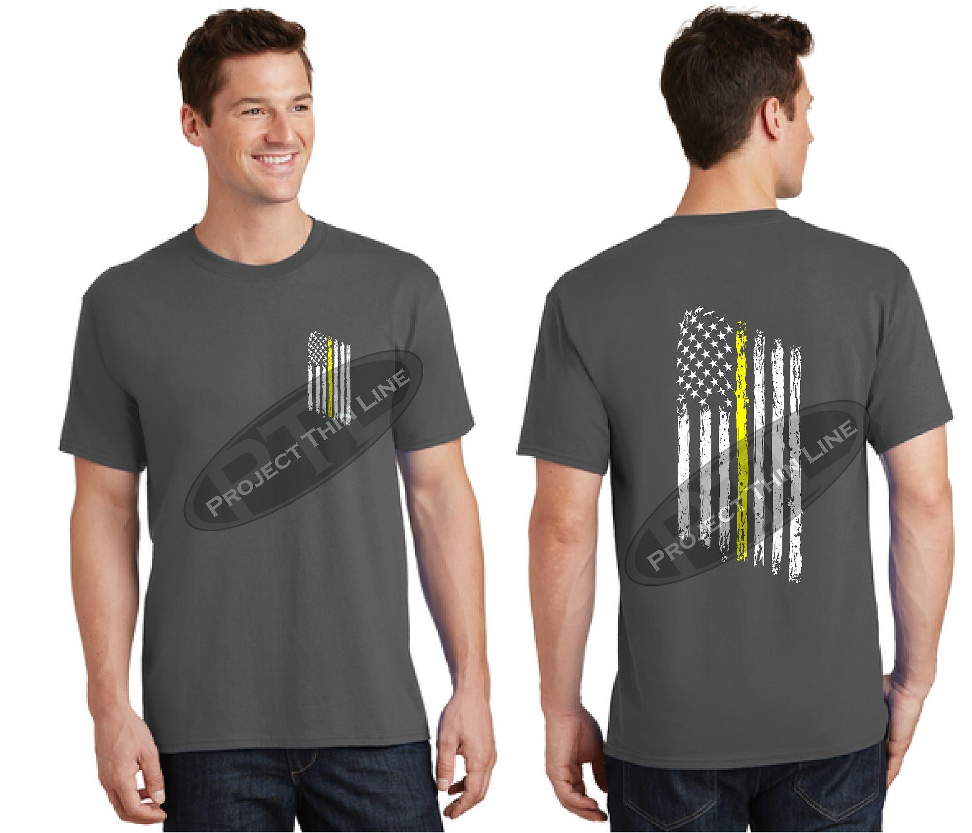 Charcoal Thin Yellow Line Tattered American Flag Short Sleeve Shirt