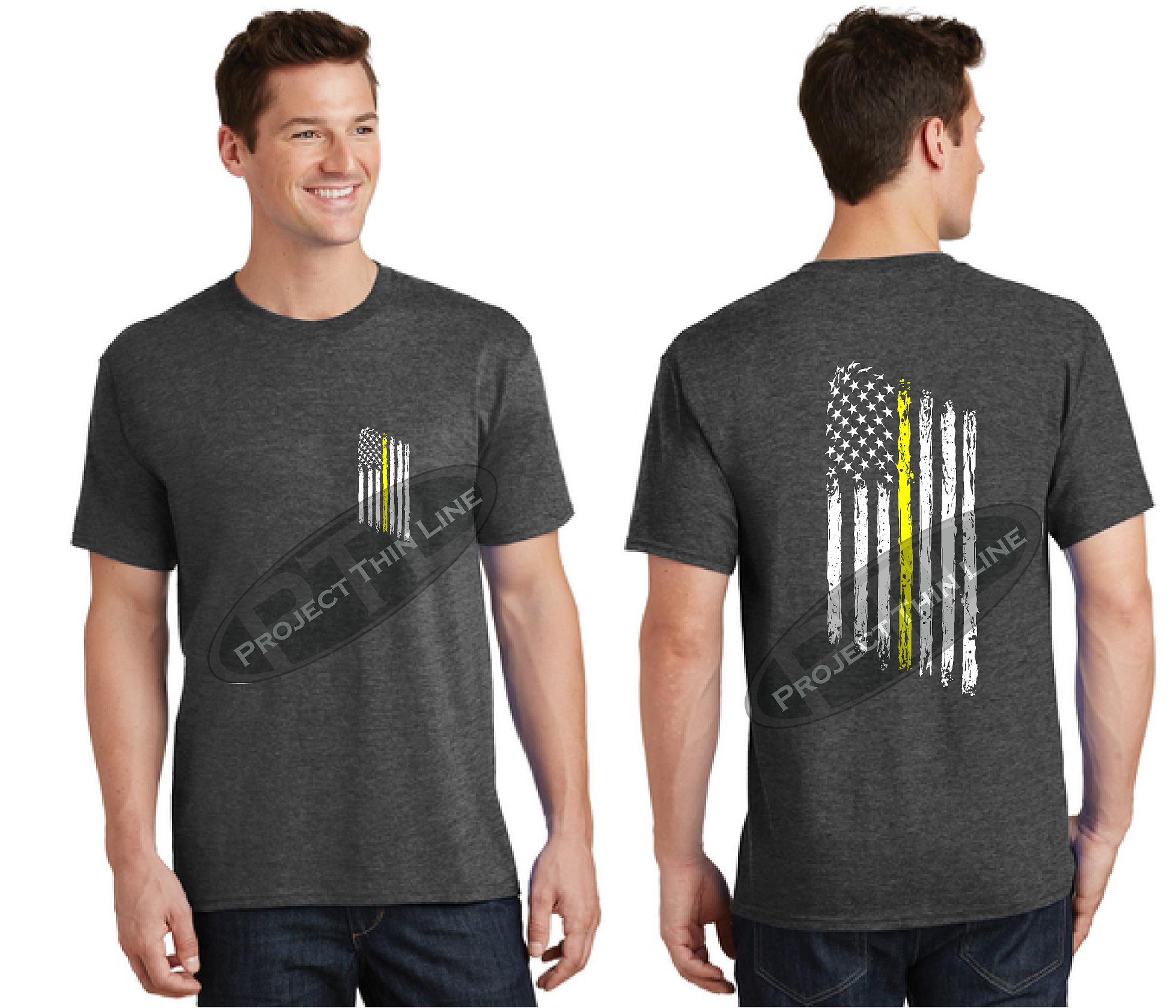 Dark Grey Thin Yellow Line Tattered American Flag Short Sleeve Shirt