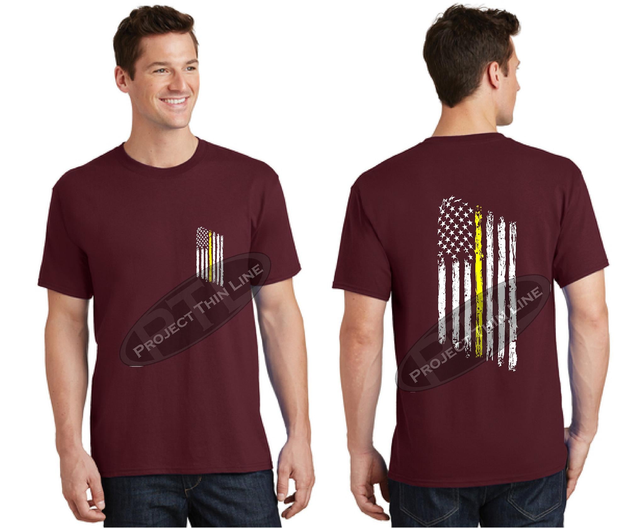 Maroon Thin Yellow Line Tattered American Flag Short Sleeve Shirt