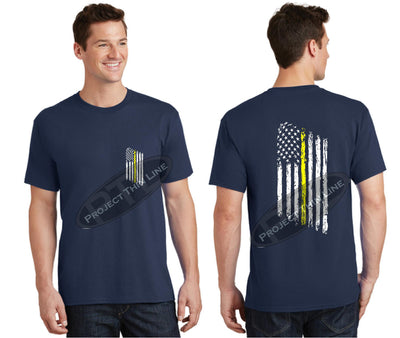 Navy Thin Yellow Line Tattered American Flag Short Sleeve Shirt