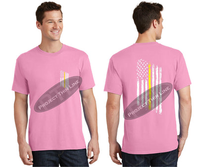 Pink Thin Yellow Line Tattered American Flag Short Sleeve Shirt