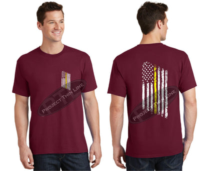 Red Thin Yellow Line Tattered American Flag Short Sleeve Shirt