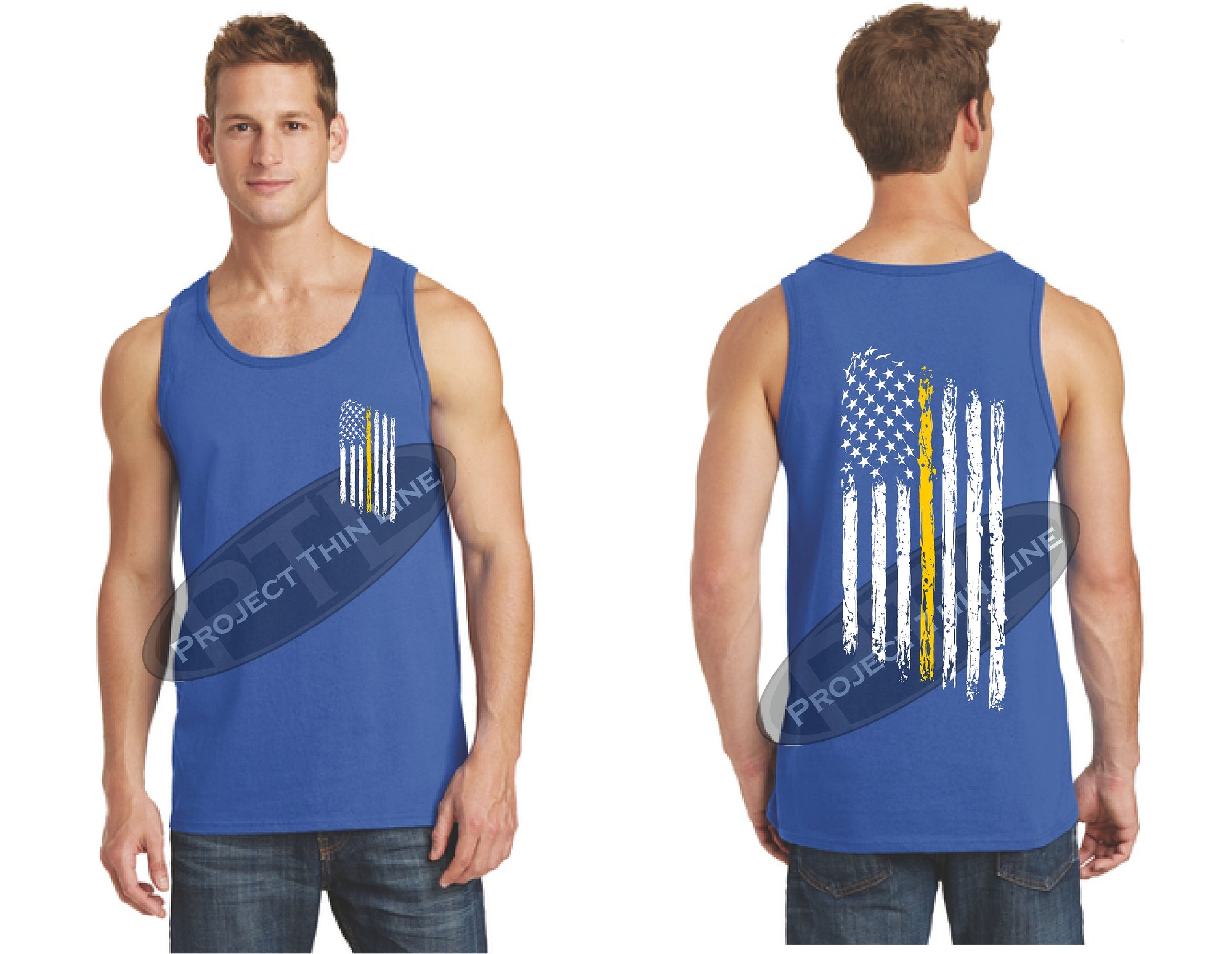 Royal Thin Yellow Line Tattered American Flag Tank Top
