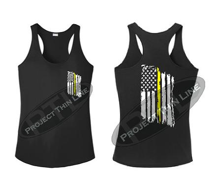 Black Tattered Thin Yellow Line American Flag Racerback Tank Top