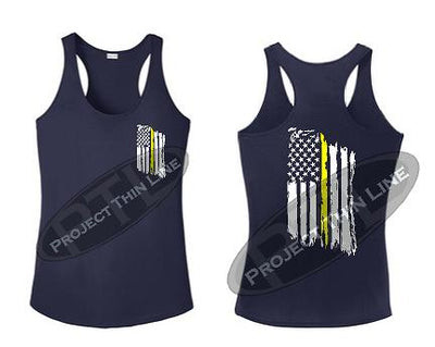 Navy Blue Tattered Thin Yellow Line American Flag Racerback Tank Top