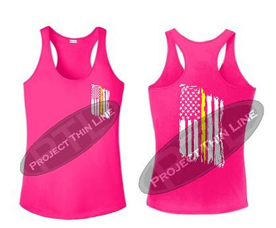 Pink Tattered Thin Yellow Line American Flag Racerback Tank Top