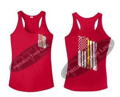 RED Tattered Thin Yellow Line American Flag Racerback Tank Top