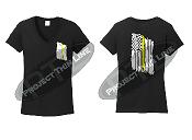 BLACK Womens Thin YELLOW Line Tattered American Flag V Neck Short Sleeve Shirt