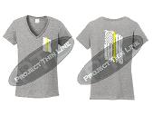 Grey Womens Thin YELLOW Line Tattered American Flag V Neck Short Sleeve Shirt