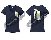 Navy Blue Womens Thin YELLOW Line Tattered American Flag V Neck Short Sleeve Shirt