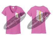 Pink Womens Thin YELLOW Line Tattered American Flag V Neck Short Sleeve Shirt